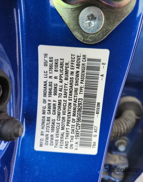 2016 Honda Civic Lx из США, поврежденный, VIN 19XFC2F56GE062973